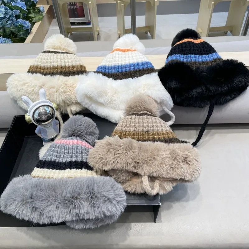 

Hat for Women C Series Lei Feng Hat Stripe Cute Pom Pom Winter Thickened with Fleece Warm Ear Protection Knitted Top Luxury