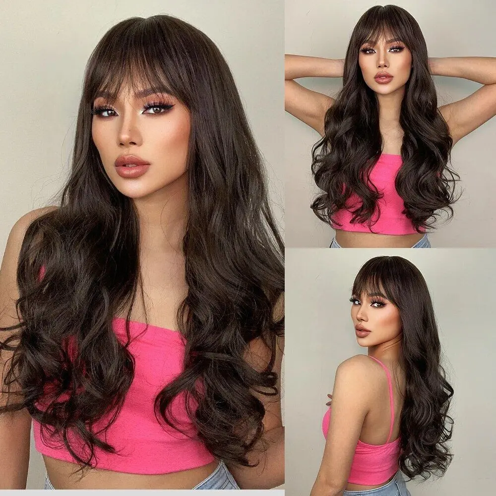 

Dark brown Soft Bangs Long Wavy Heat Resistant Hair Wigs