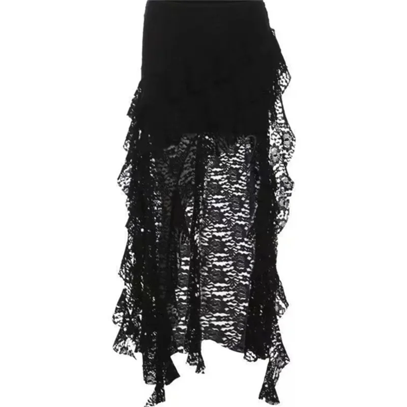 

2026 Spring Summer New Style Black White Asymmetrical Lace Pleated Ruffles Skirt Women's Fashion Sexy Skirts