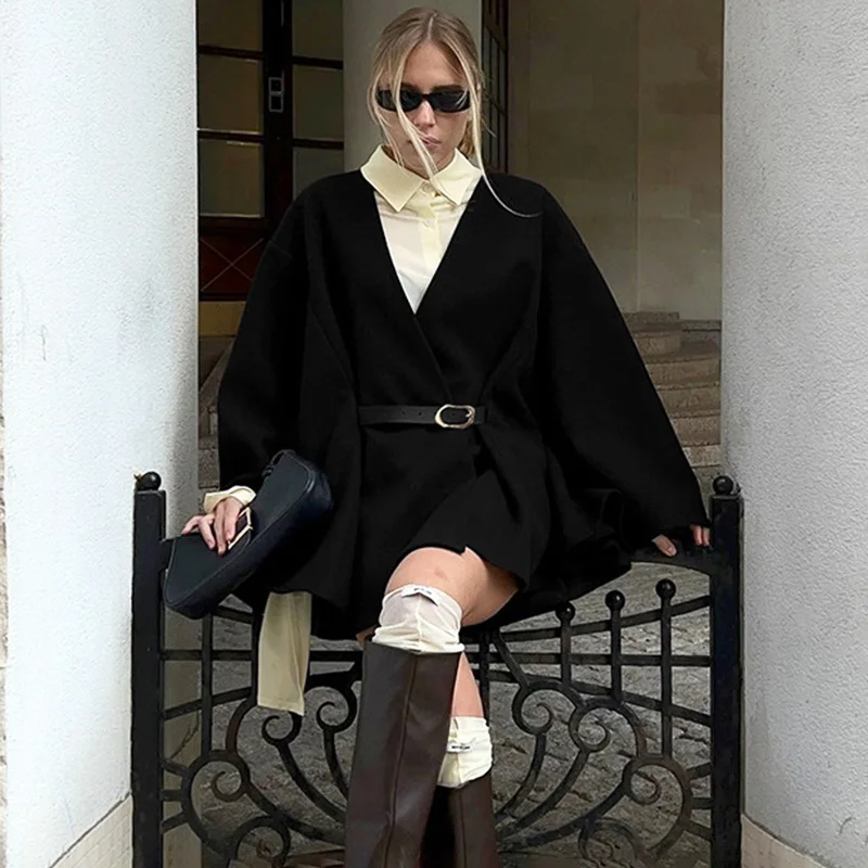 Ticketsx Women Cape Wool Coats Elegant Belt Loose Patchwork Jacket Coat Solid Autumn Winter Commute High Street Female Warm Coat