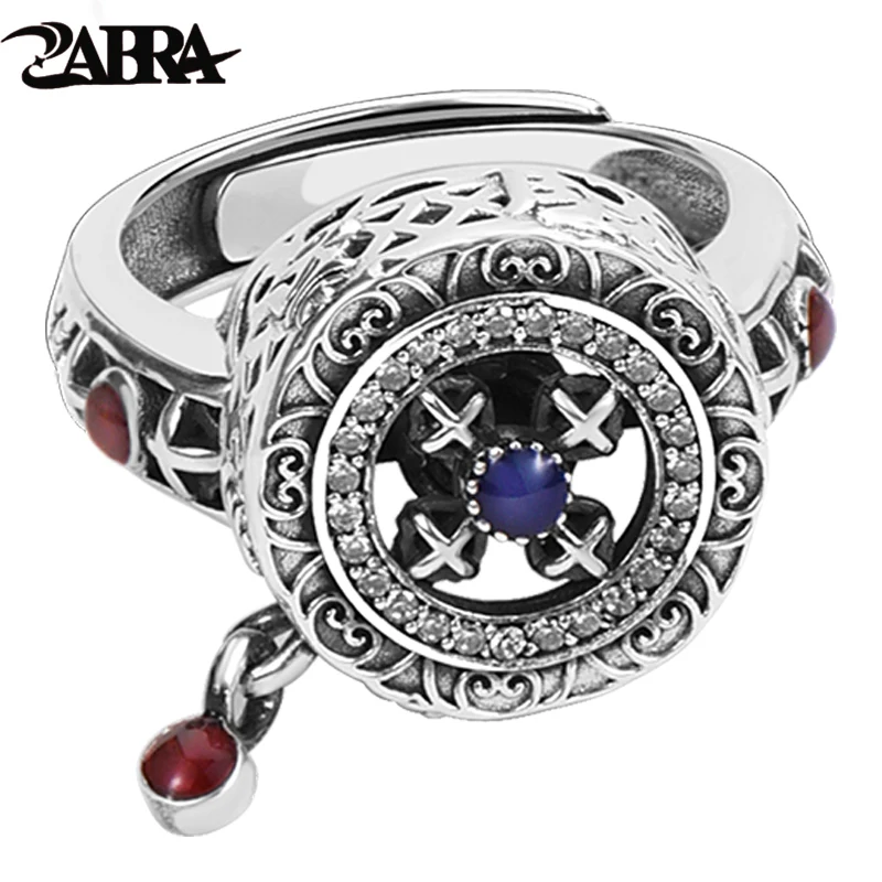 ZABRA 990 Pure Silver Six Character Mantra Ring for Men, Ancient Tibetan Rotating Ring Gift