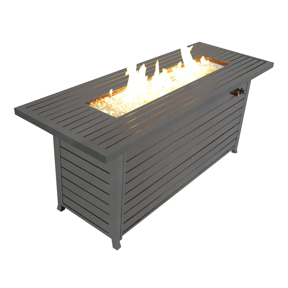 57in Outdoor Gas Propane Fire Pits Table, Aluminum, 50000BTU Firepit Fireplace Dinning Table with Lid, Fire Glass, Retangular