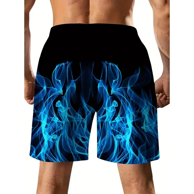 2026 Men Blue Flame Print Shorts Micro Elastic Knitted Smooth Ultra Light 150g Quick Dry Summer Casual Pants No Feeling Wear