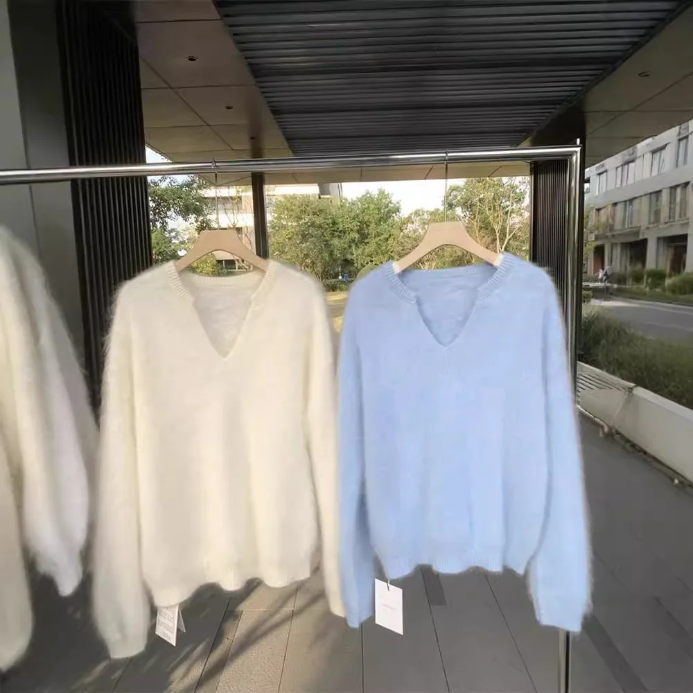 Morbido latte glutinoso Fufu imitazione pelliccia di visone bianco per le donne autunno inverno nuovo maglione lavorato a maglia con scollo a V allentato e pigro con interno