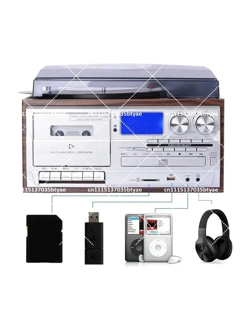All In One Turntable Player Gramophone Vinyl Record Player With External Speakers AM FM Radio Bluetooth Cassette Play