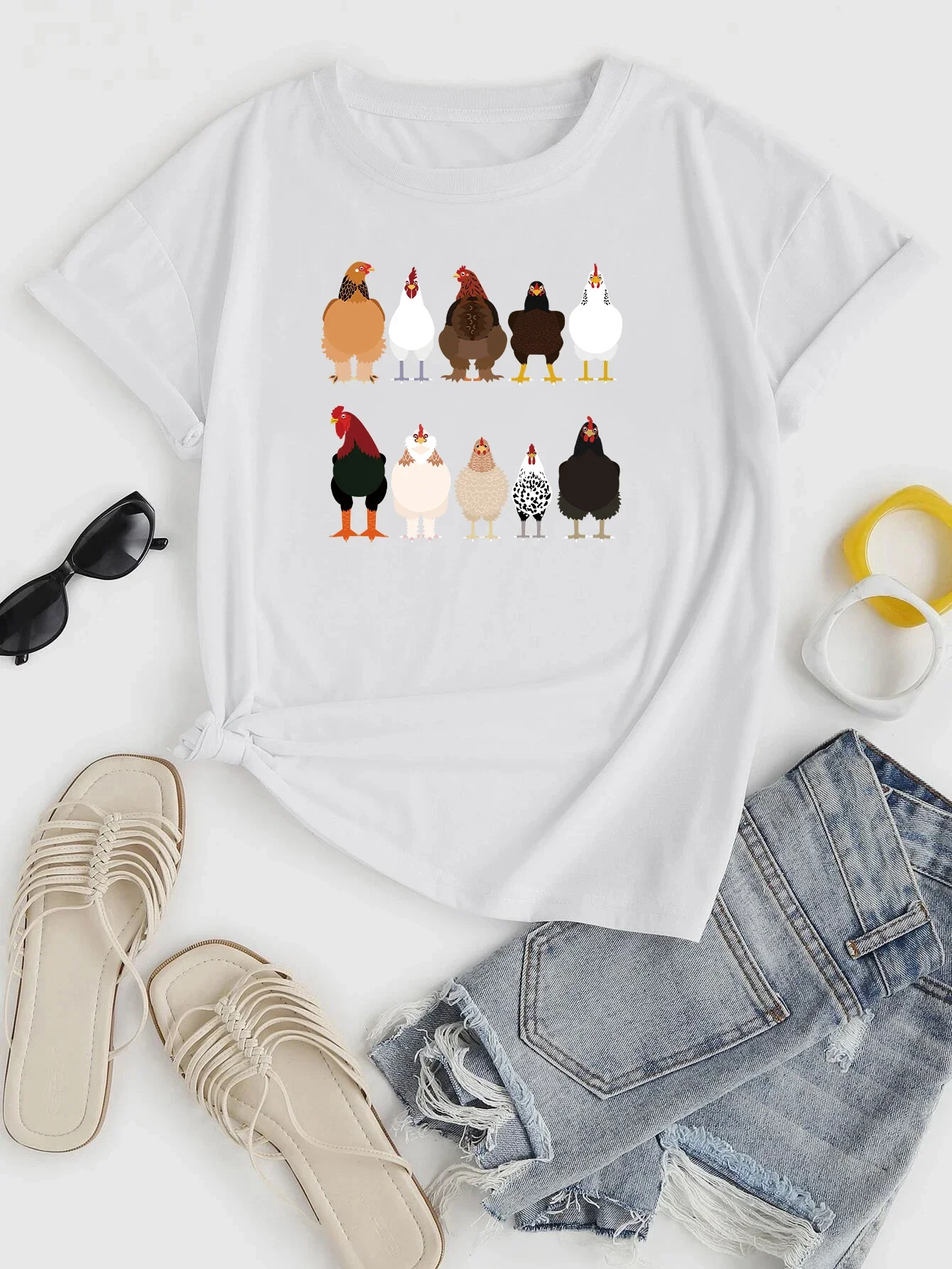Chicken Print Crew Neck T-shirt, Casual Loose Short Sleeve Fashion Summer T-Shirts Tops, Women's Clothing view 2