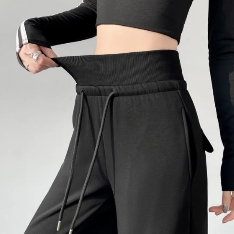 Pantalones deportivos grises de cintura alta para mujer, holgados, rectos, de pierna ancha, estilo americano, efecto adelgazante