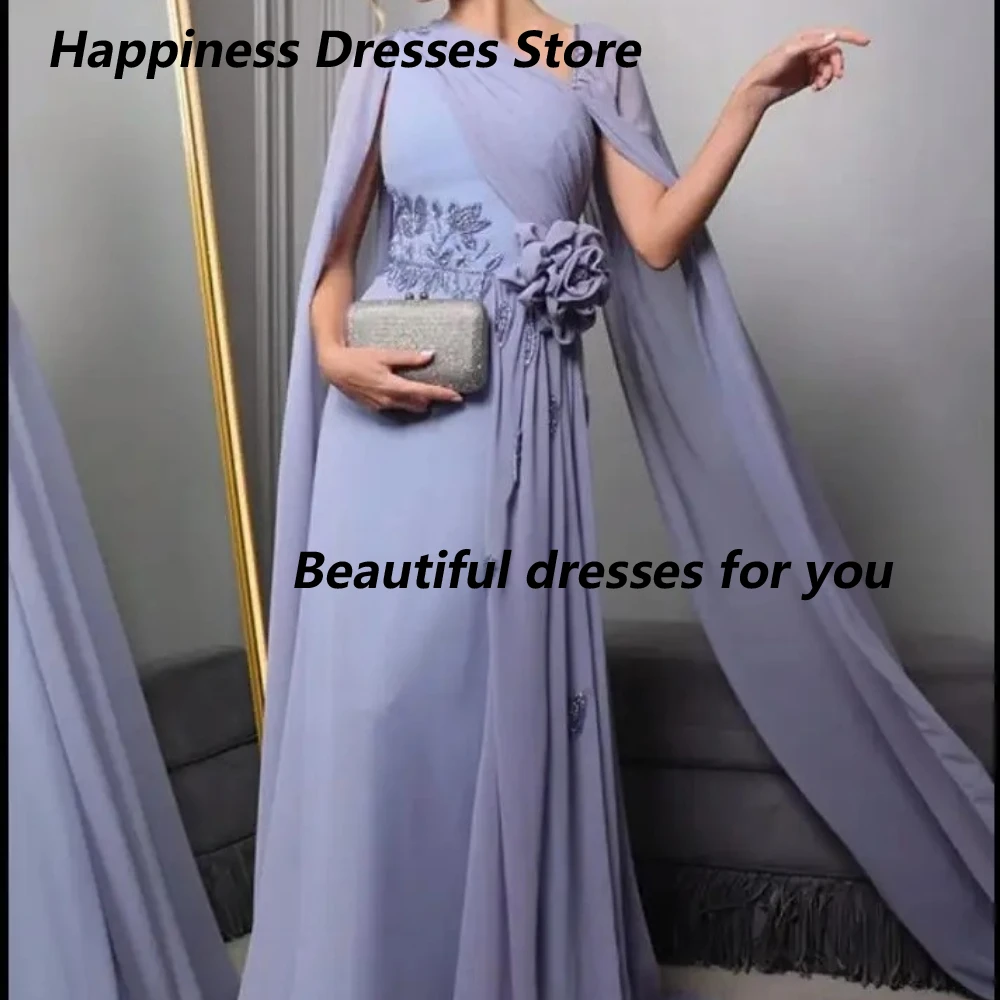 

Elegant Chiffon Evening Dress Customized V-Neck Cape Sleeves Beading Flower Mermaid Prom Gown Floor Length Formal Party Dresses