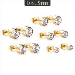 LUXUSTEEL 5Pairs/Lots Round Cubic Zircon Stainless Steel Earrings Sets Black Rose Golden Metal Studs Pendiente for Women Men