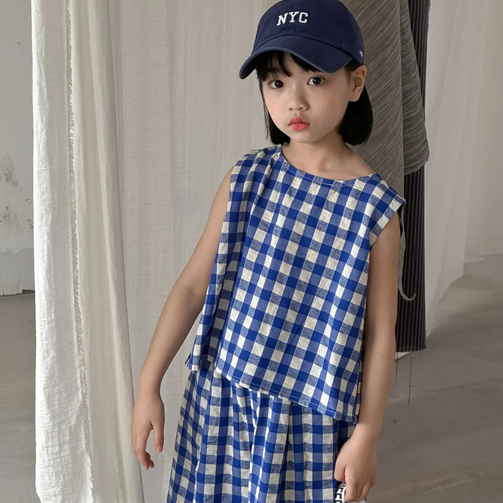 22268-1 Children's Clothing Set 2024 Summer Baby Girl's Suit Plaid Vest +Wide-leg Pants Casual Loose 2-10Y Kid's Two-piece Suit