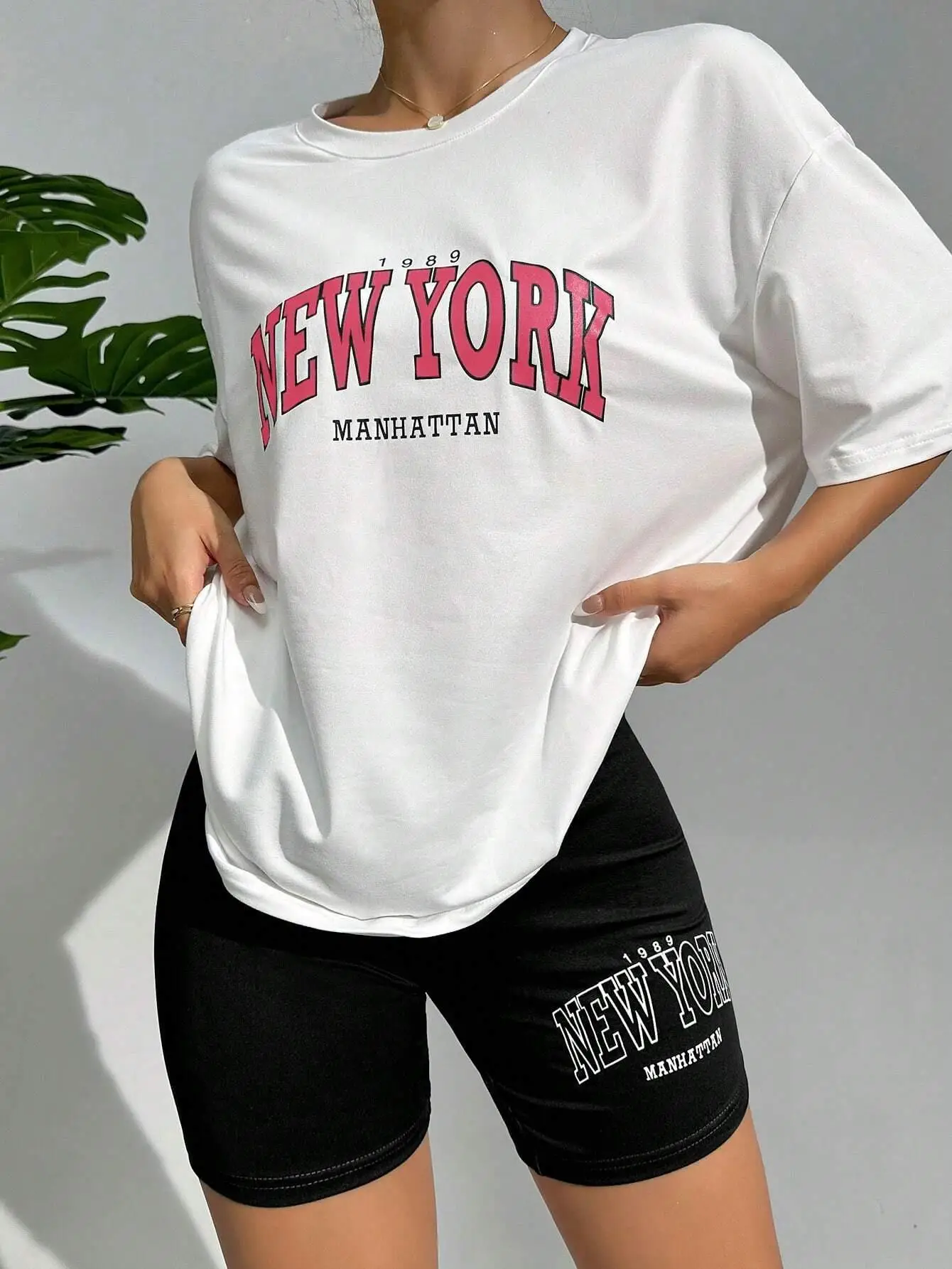 1989 New York Manhattan City Letter T-Shirts Set Women Fashion Casual 2 Piece Set Street Casual Shorts Cotton Breathable Tshirts