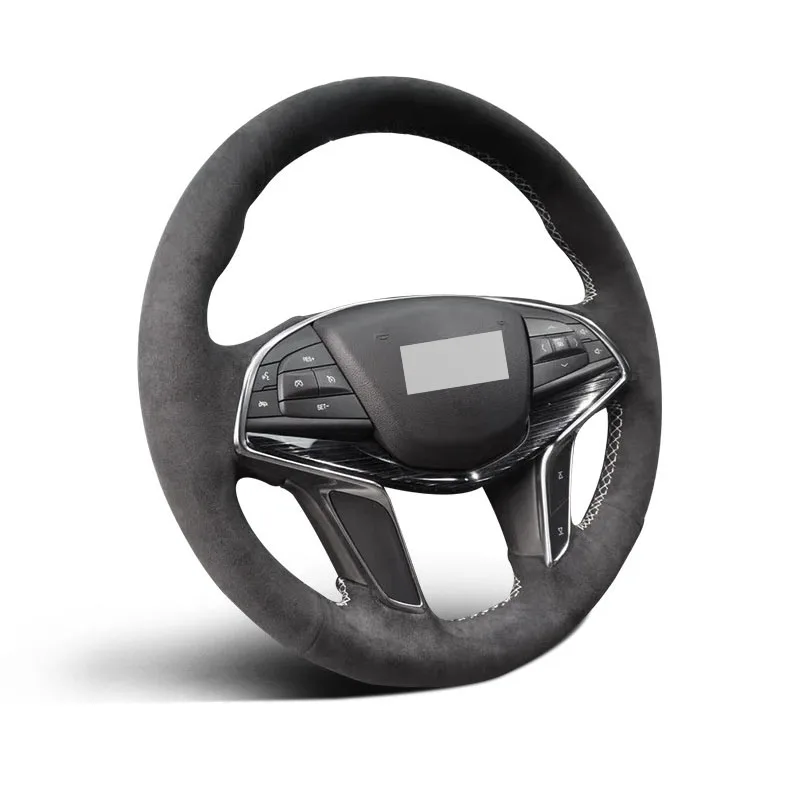 Genuine Leather Suede Steering Wheel Cover Wrap White Thread Car Accessoires Specifically for Cadillac CT6 / XT5 / CT6 PLUG-IN