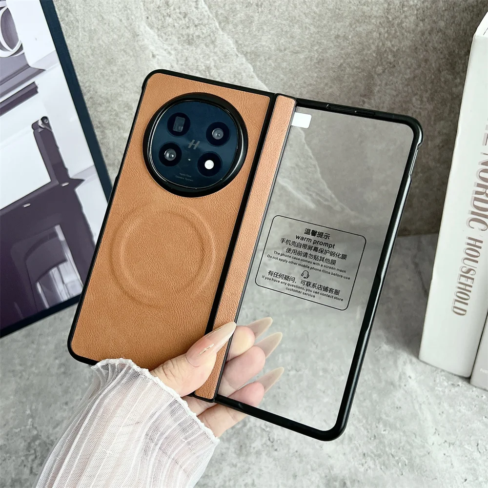 Busine Sle Bla-funda de teléfono MagSafe con patrón de cuero para OPPO Find N5, Protector de pantalla, película con bisagra, cubierta de carga inalámbrica magnética