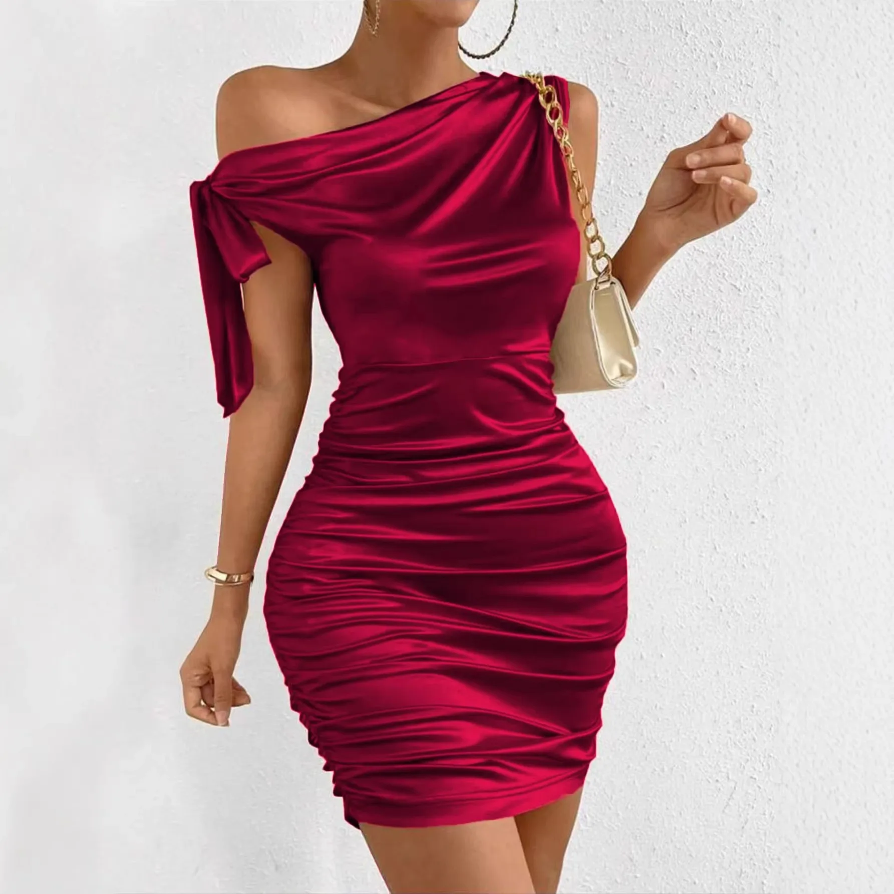 Oblique Neck Asymmetrical Hem Gown Bodycon Elegant Dress Summer for Women with Off Shoulder Slim Fit Midi Waist Daily Spring