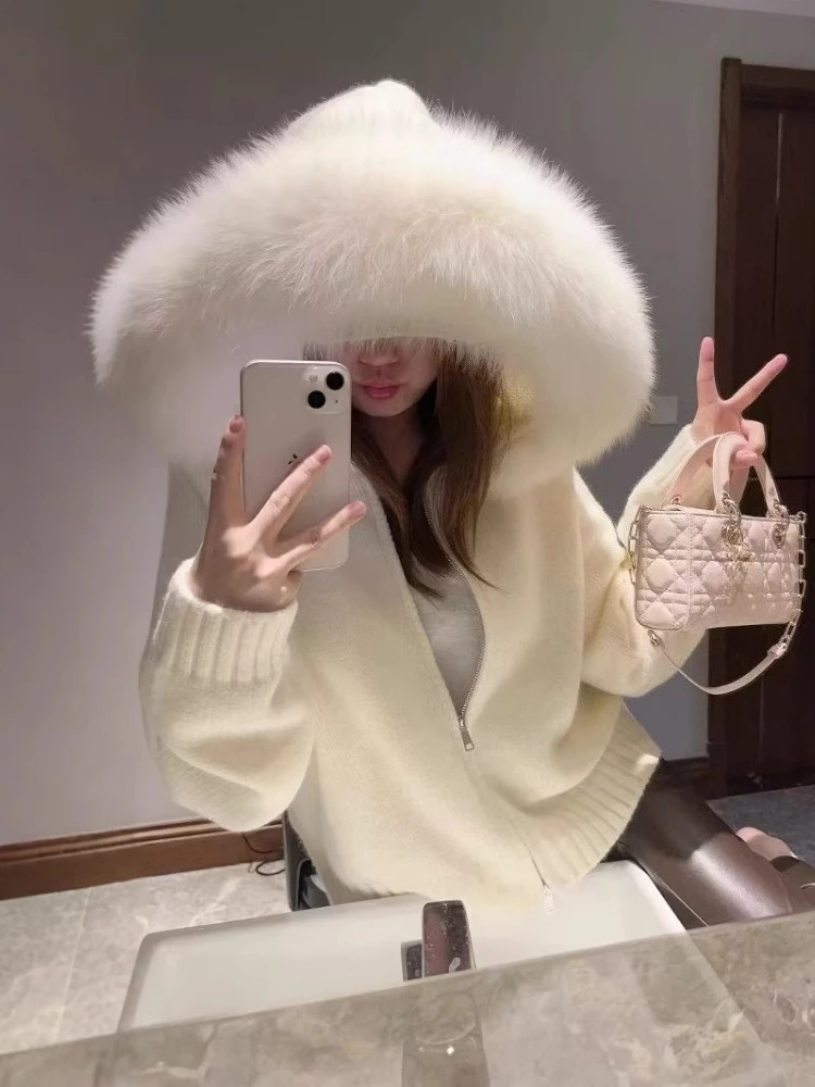 Autumn and Winter Vintage Knitted Cardigan for Women Loose and Versatile Long Sleeved Fur Collar Hooded Sweater Jacket for Women