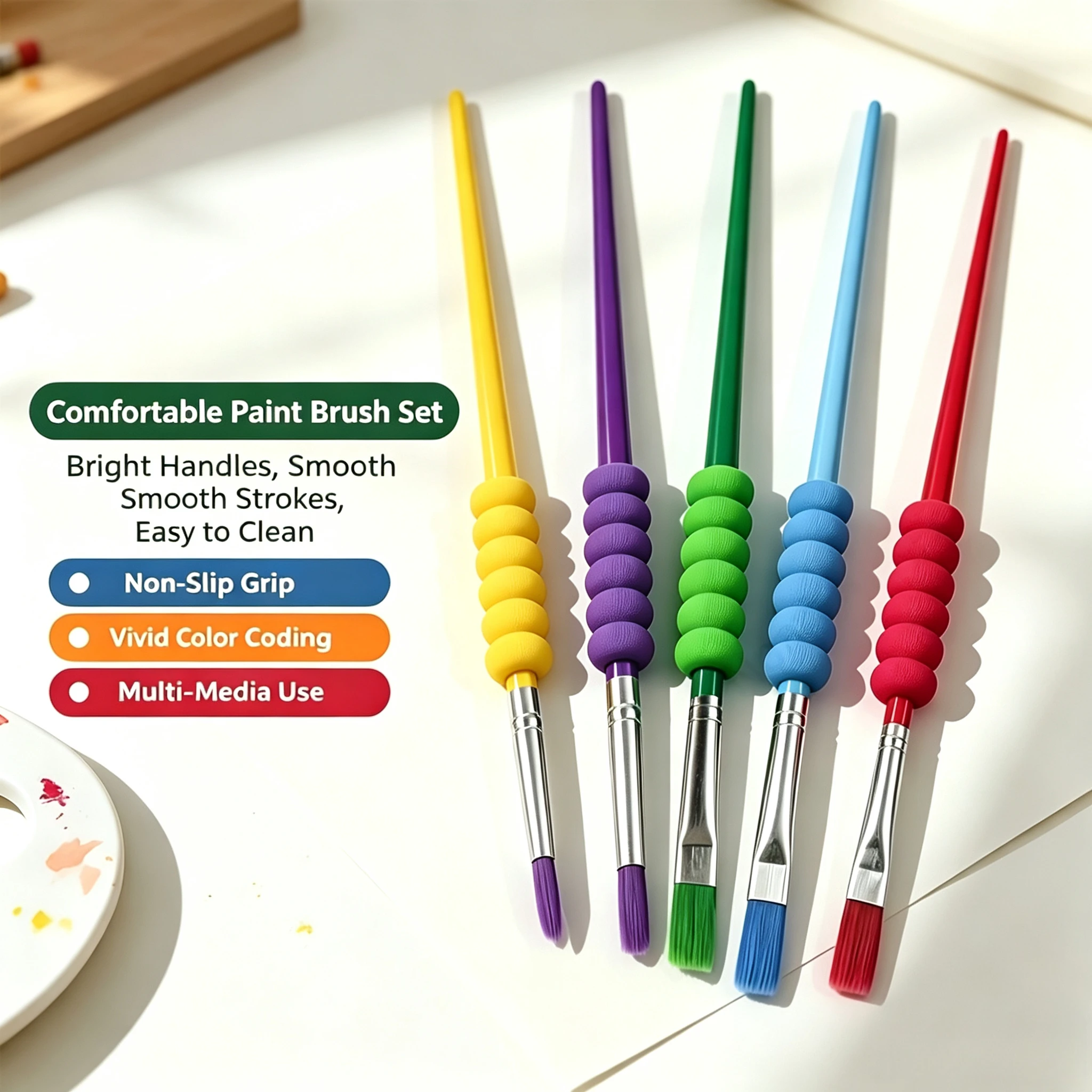 3Pcs Random Color Artist Brush Set, Nylon Bristle, Corrective Grip, Easy to Hold, No Hand Pain, No Hair Loss, Washable