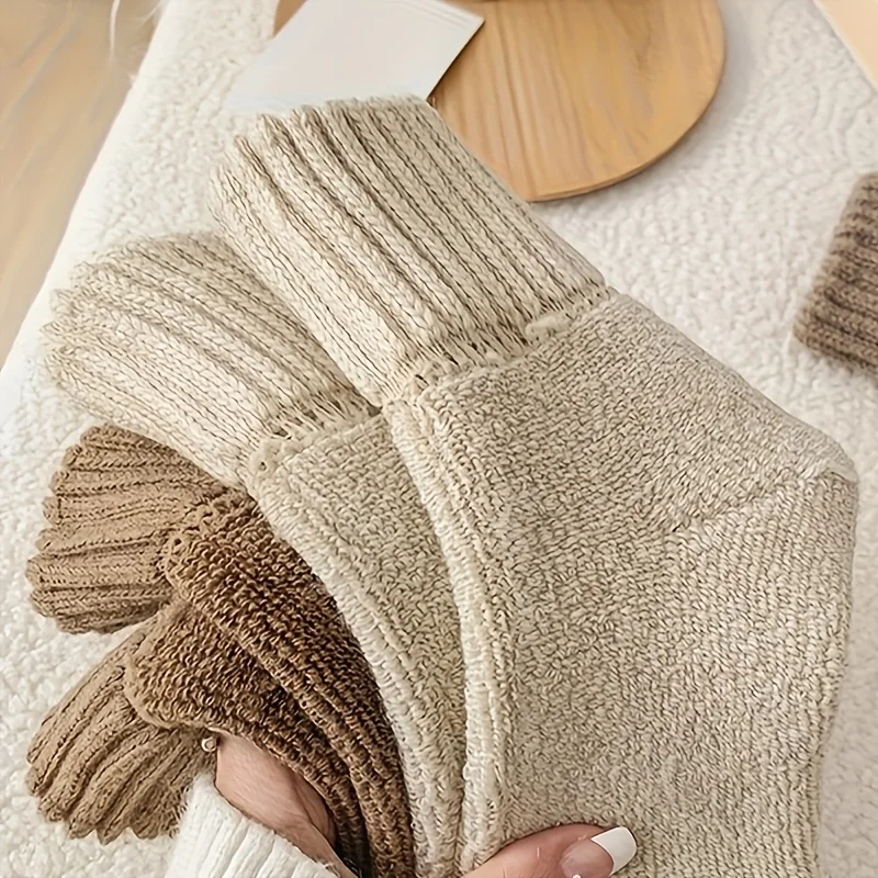 5 Pairs Of Autumn And Winter Women's Thick, Fashionable, Solid Color, Versatile, Comfortable, Warm, Looped Middle Tube Socks
