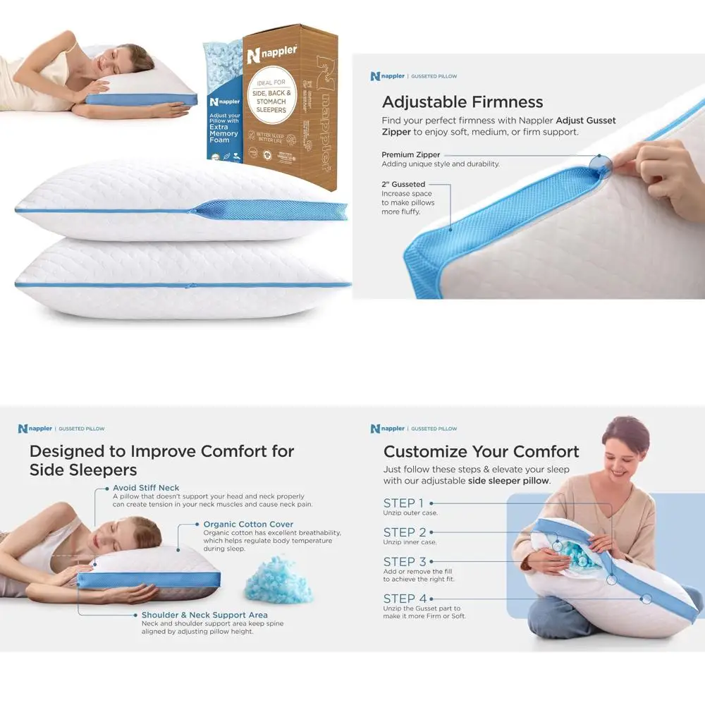 

Memory Foam Pillow for Side and Back Sleepers - Adjustable Shredded Foam for Neck and Shoulder Comfort