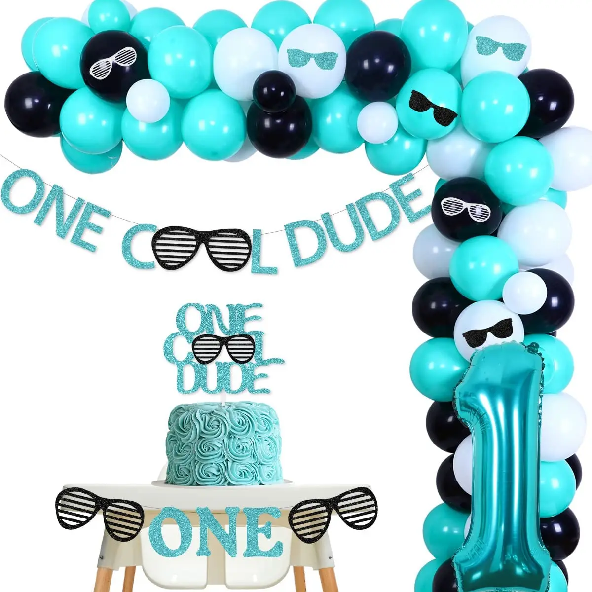 One Cool Dude 1st Birthday Decor Black Teal Blue Balloon Garland Kit Cool Sunglasses Cake Topper Number 1 Balloon for Little Man