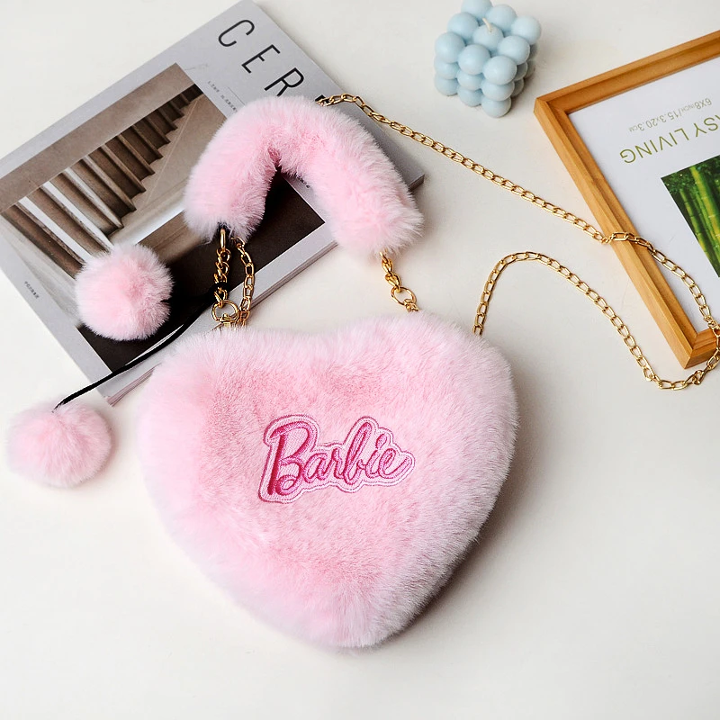 Barbie Love Plush Handbag Kawaii Fashion Girly Heart Soft Stuffed Shoulder Crossbody Bag All-Match Coin Purse Valentine Day Gift