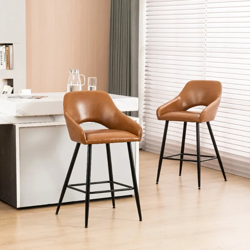 

Barstool Brown PU Leather Black Legs, 2 Pack，Modern Indoor Barstool，High comfort，Waterproof and wear-resistant