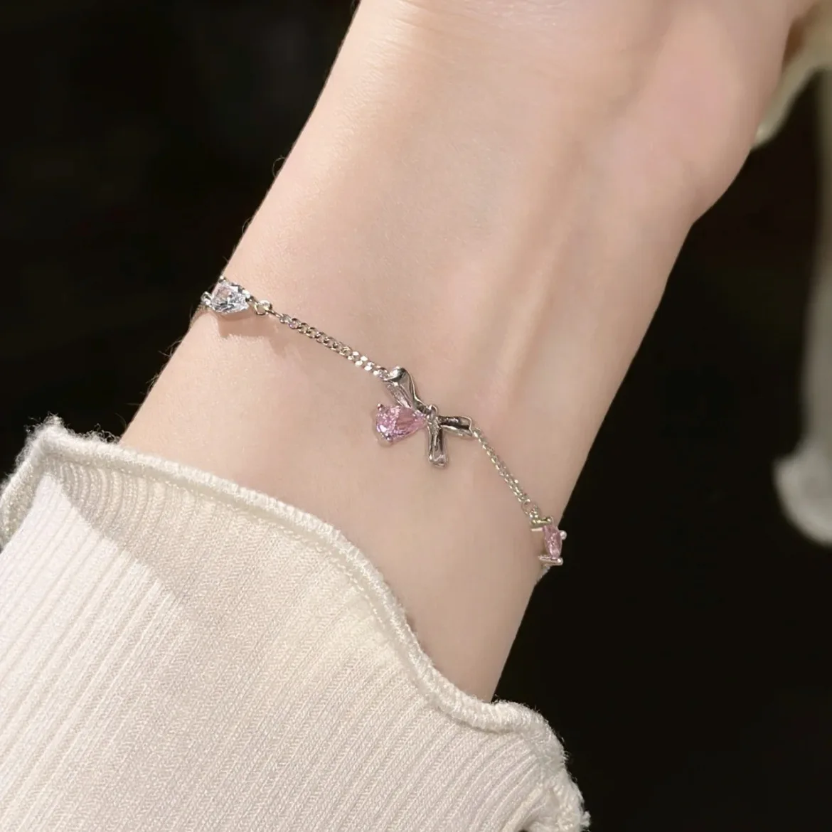 女性のための輝くピンクのクリスタルブレスレット,女の子のための桜のジュエリー,甘い月の弓,ジルコンの花,美的パーティージュエリー