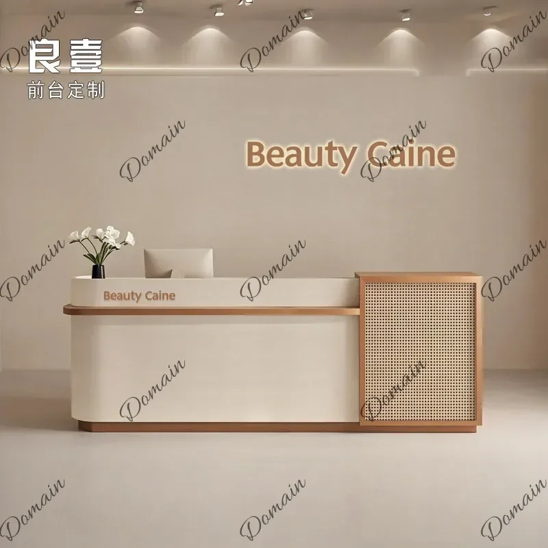 XX Mid Century Rattan Weaving Customer Center Computer Desk Reception Counter Modern High-end Bureaux De Travail Designer Furnit