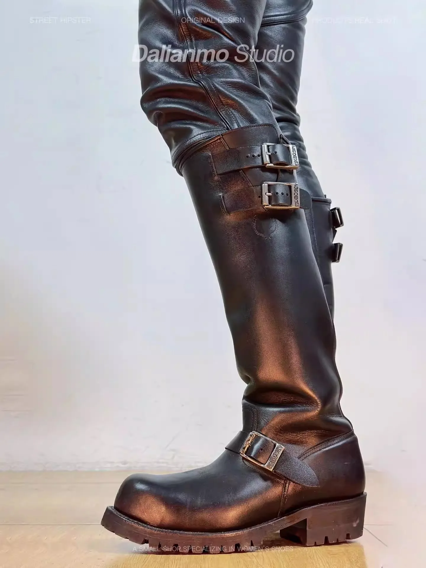 Retro Men British Long Chelsae Boots Knee High Autumn Winter New Riding Knight Boots Versatile Engineer Boots Buckle Strap
