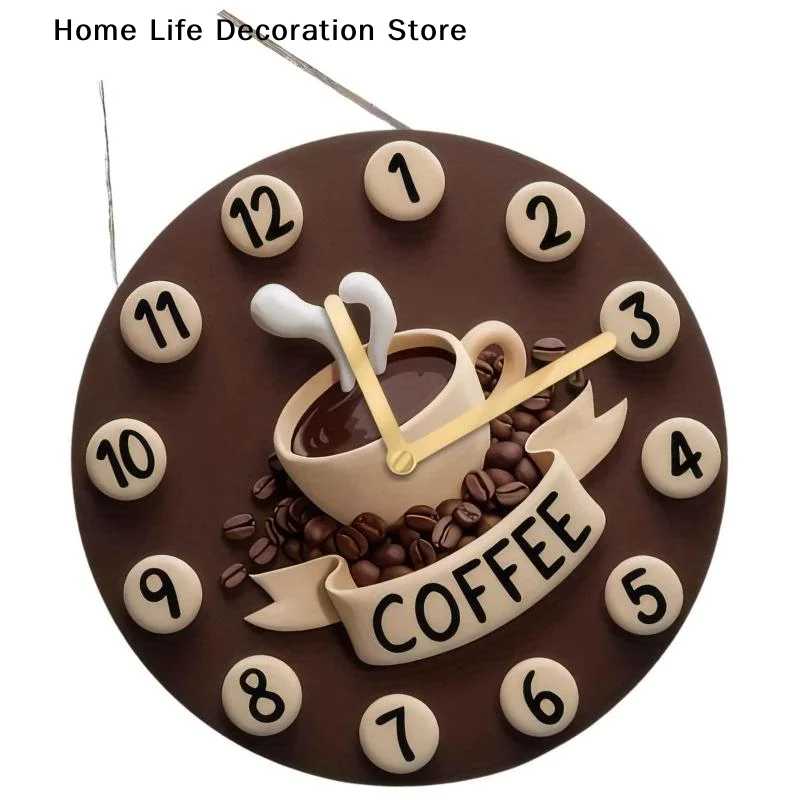 【H】Fresh Brewed Hot Choco Coffee Decorative Wall Hanging Round ClockCreative Wooden Coffee Cup Hanging Sign 2D Wall Decoration