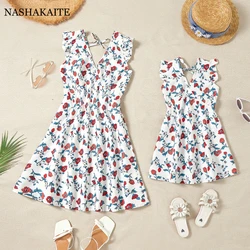 Summer Parent-child Dress Mom And Daughter V-neck ruffle print dress Mother Kids Dresses Mom and daughter matching clothes