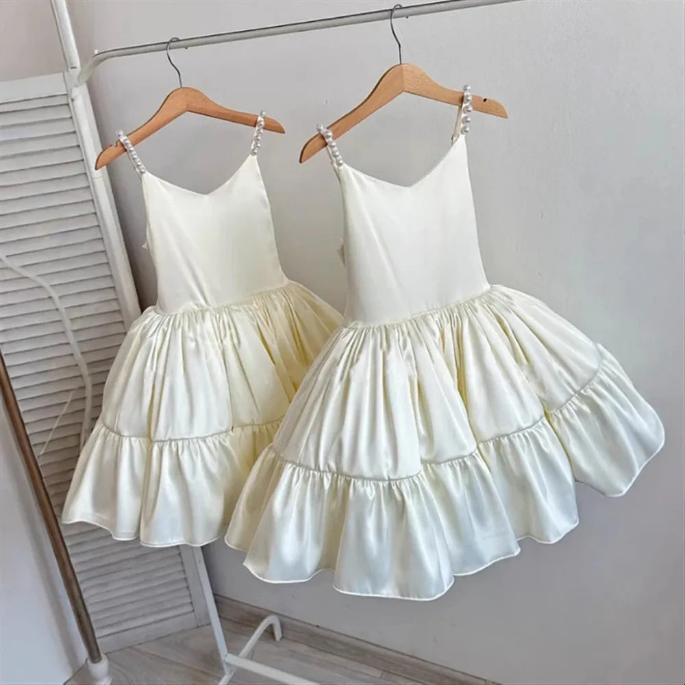

Customized Elegant Flower Girl Wedding Dress Satin Pearl Strap with Back Tie Bow Ball Gown Child Princess Birthday Party Dress