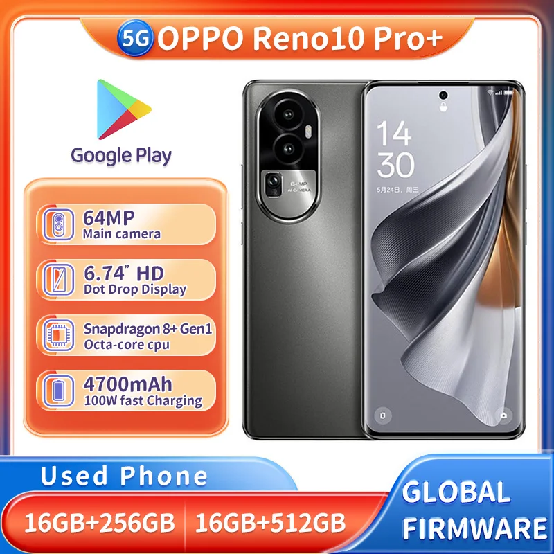 هاتف OPPO Reno10 Pro+ 5G CPU Qualcomm Snapdragon 8+ Gen1 بشاشة 6.74 بوصة 2772x1240px 4700mAh ثنائي الشريحة (Nano SIM) مستعمل