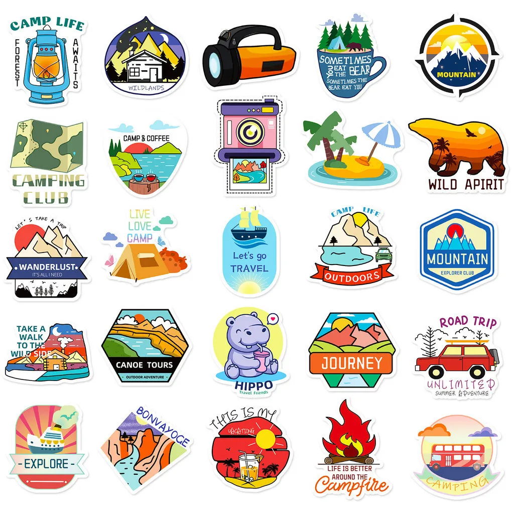 50개 야외 캠핑 및 탐험 방수 그래피티 스티커 헬멧 자전거 핸드 어카운트용 블링블링스티커스 스토어