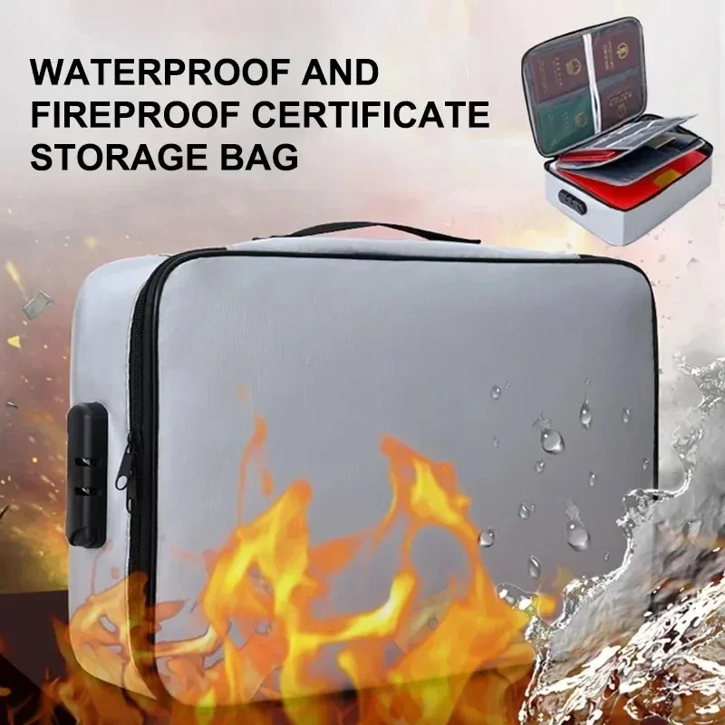 Fireproof document password bag, travel waterproof document, cash storage secure document zipper, multi-layer secure card box