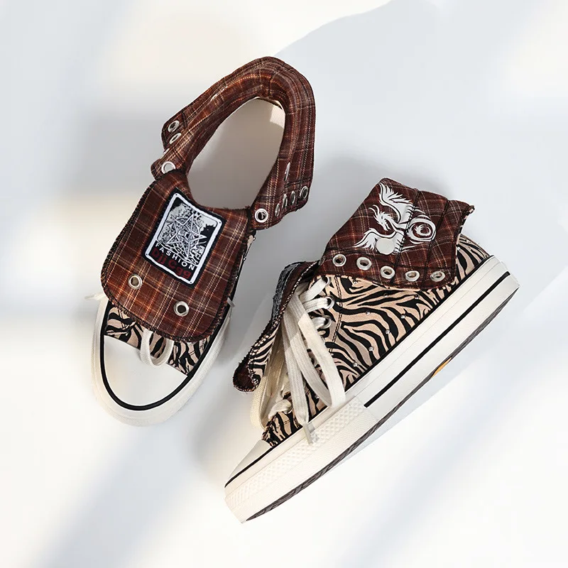 Shoes for Men Canvas Casual Shoes Street Trend Leopard Print Flat Skateboard Shoes Youth Cool Lace-up Sneakers