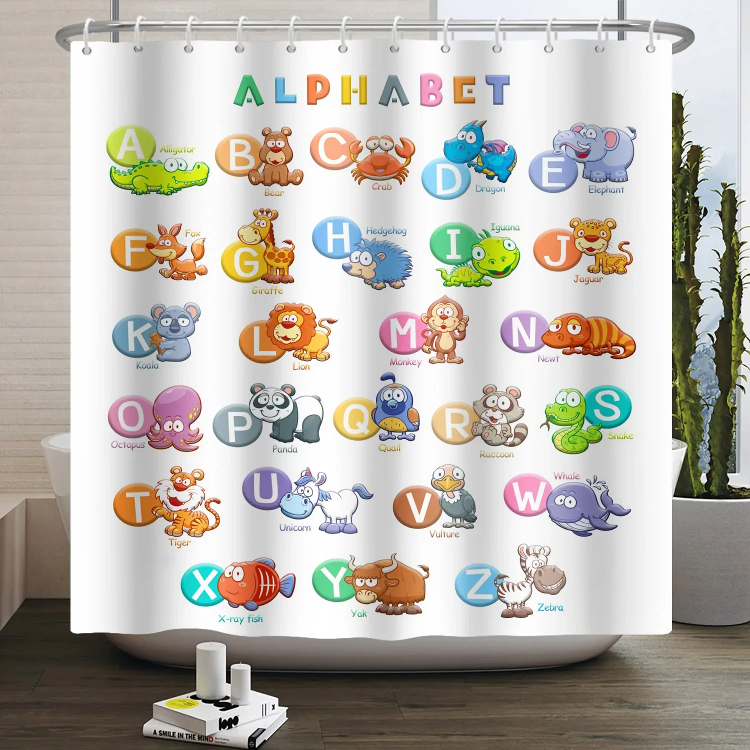 Kids ABC Alphabet Educational Shower Curtain Animals Colorful Funny Learning Teaching Words Children Bathroom Curtain Waterproof