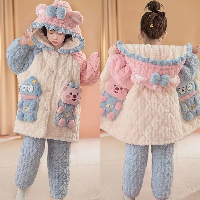 Sanrio hangyodon pijamas femininos criativos de alto valor outono e inverno animação dos desenhos animados engrossado roupas para casa terno exterior