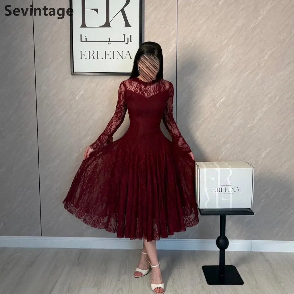 Sevintage 2026 Burgundy Lace A Line Midi Evening Dress High Neck Long Sleeves Wedding  Formal Prom Dubai Party Gown Customized