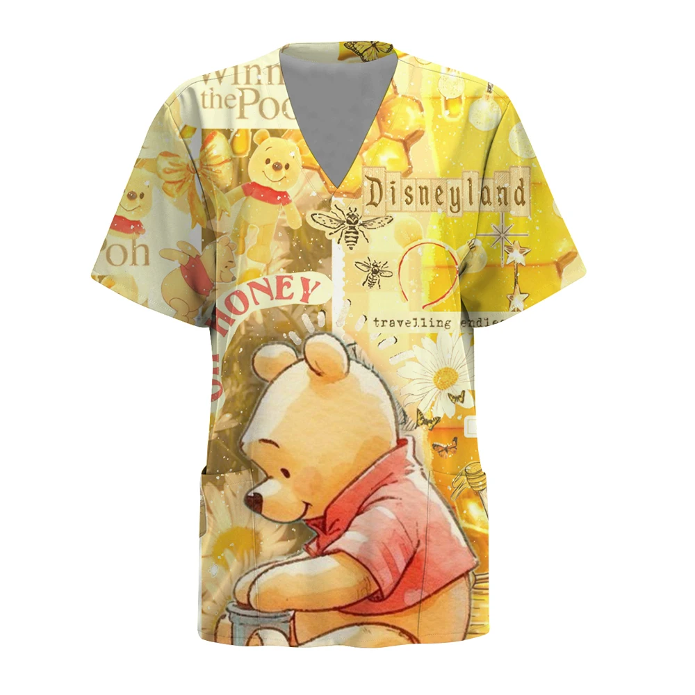 Surgical Uniforms Disney Winnie the Pooh print Pocket Design Surgical Costume Woman V-Neck Short Sleeve Nurse Medical Uniform
