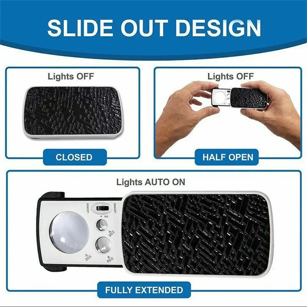 Slide-Out Jewelry Loupe Magnifier 30X 60X 90X LED Lighted Eye Loupe Mini Portable Magnifier With UV Light For Jewelry