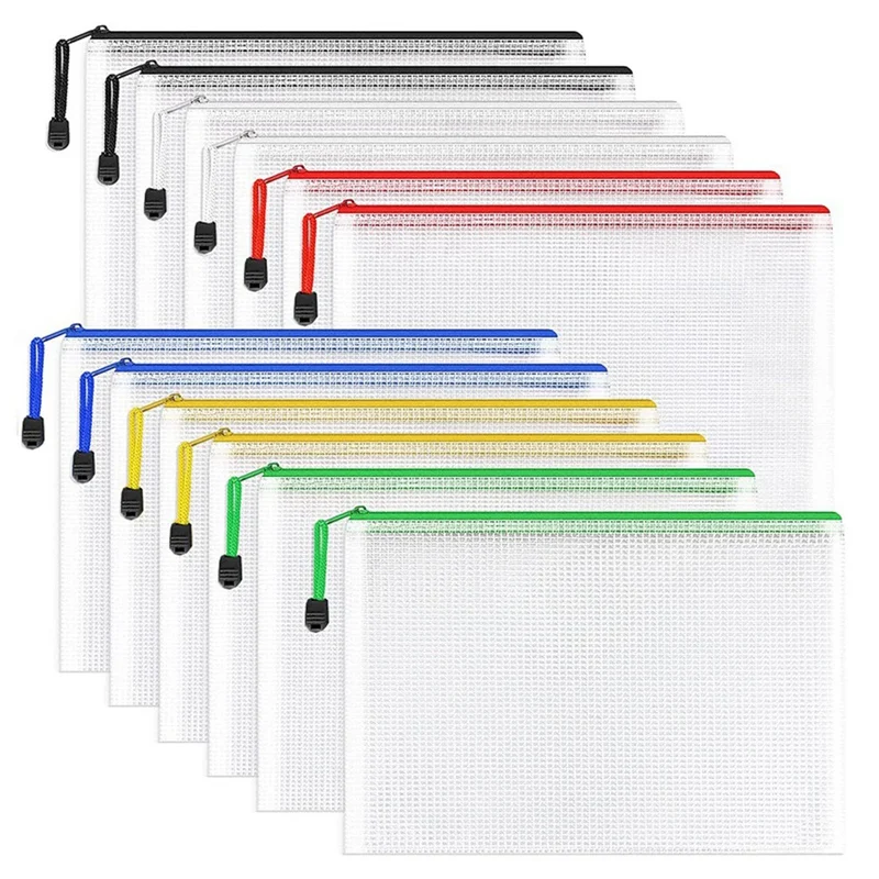 

12Pcs Mesh Zipper Pouch Document Bag Plastic Zip File Folders, Letter Size/A4 Size For Office Supplies