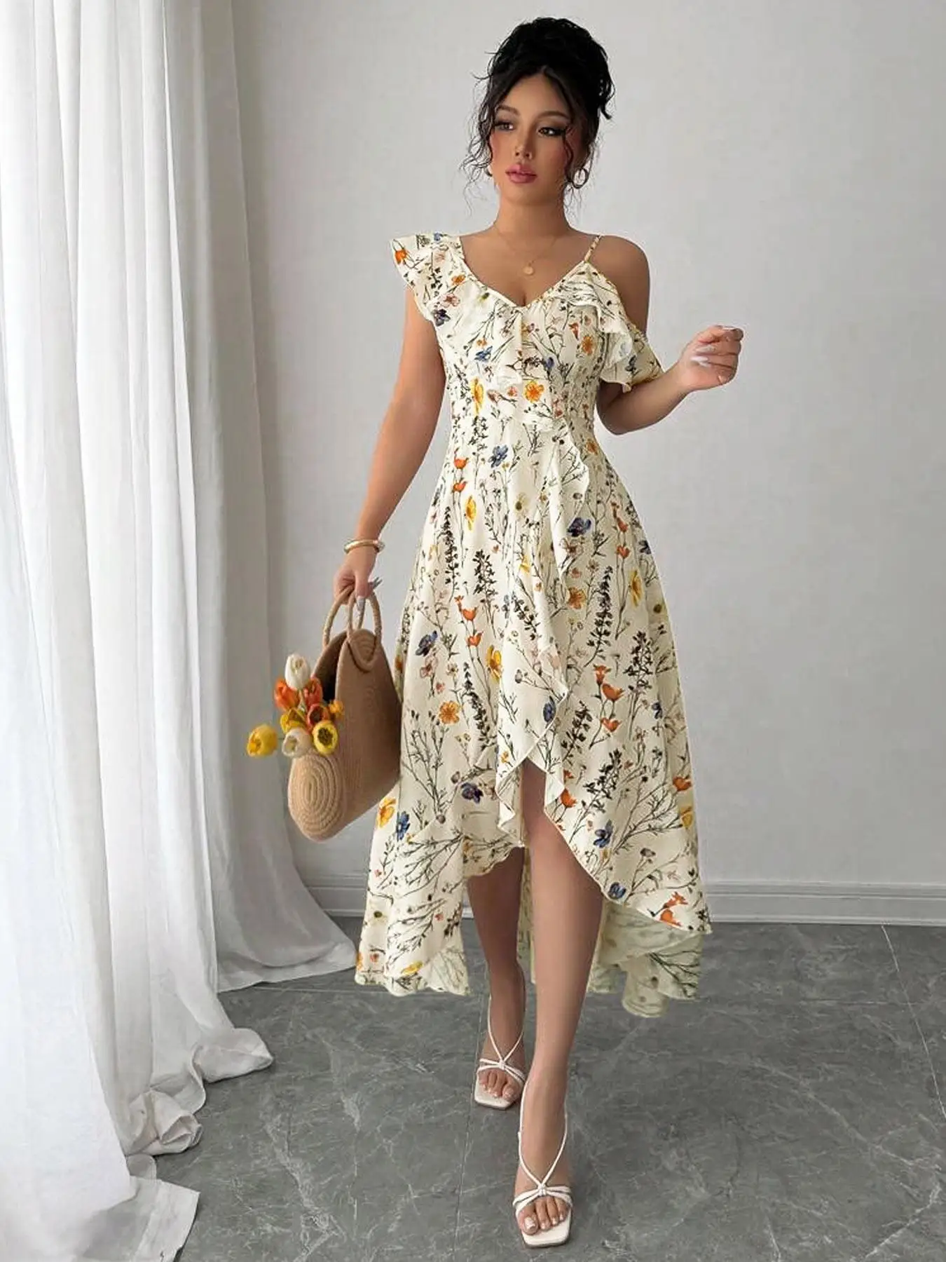 Women's Floral Print Dress, Irregular Design, Casual Fitted Style, Perfect for Vacation and Dates, Ladies Fashion Clothing view 3