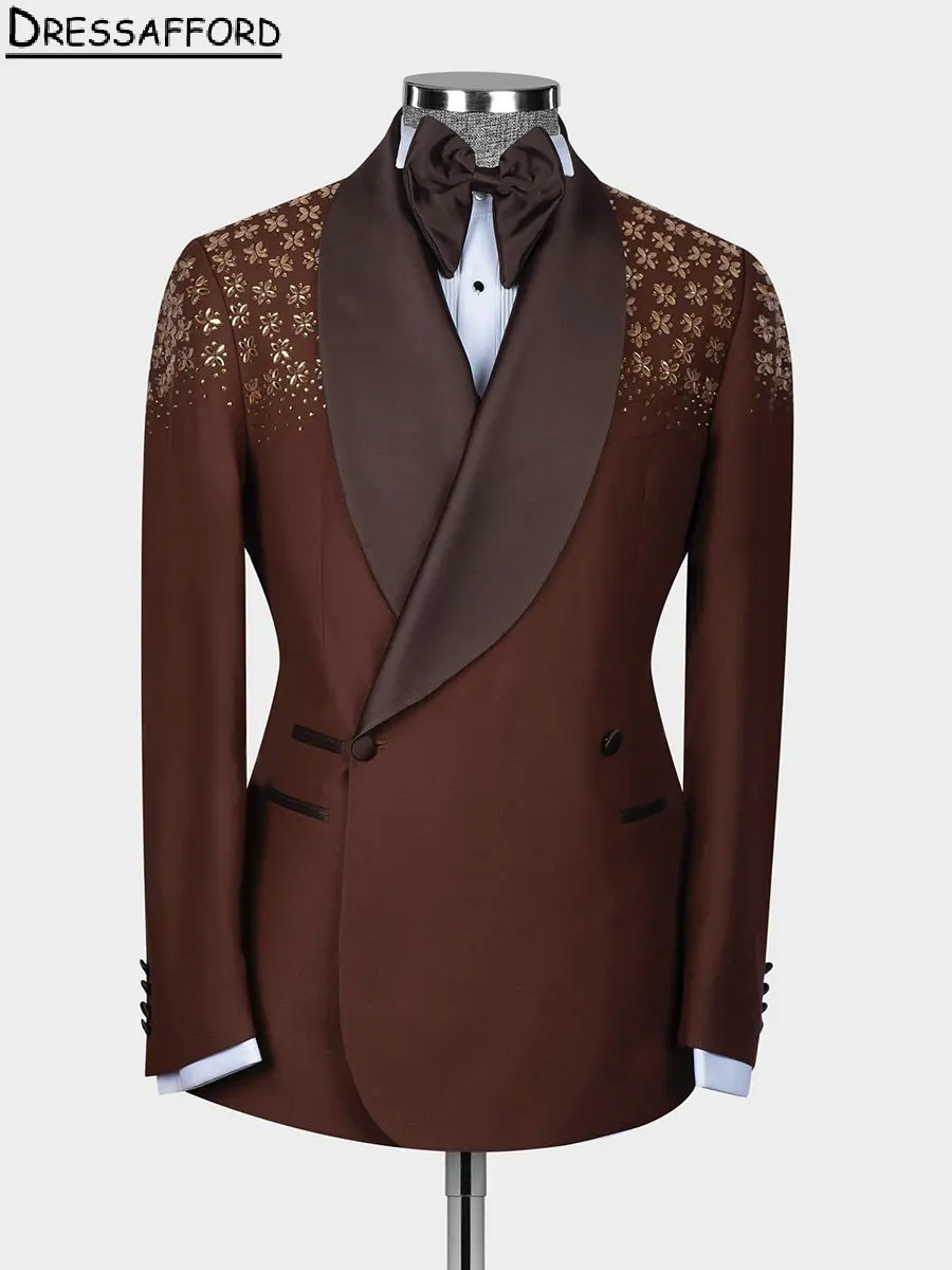 Elegant Two Pieces Evening Party Men Suits Gold Crystal Beading Blazer Groom Wear ( Jacket + Pants )