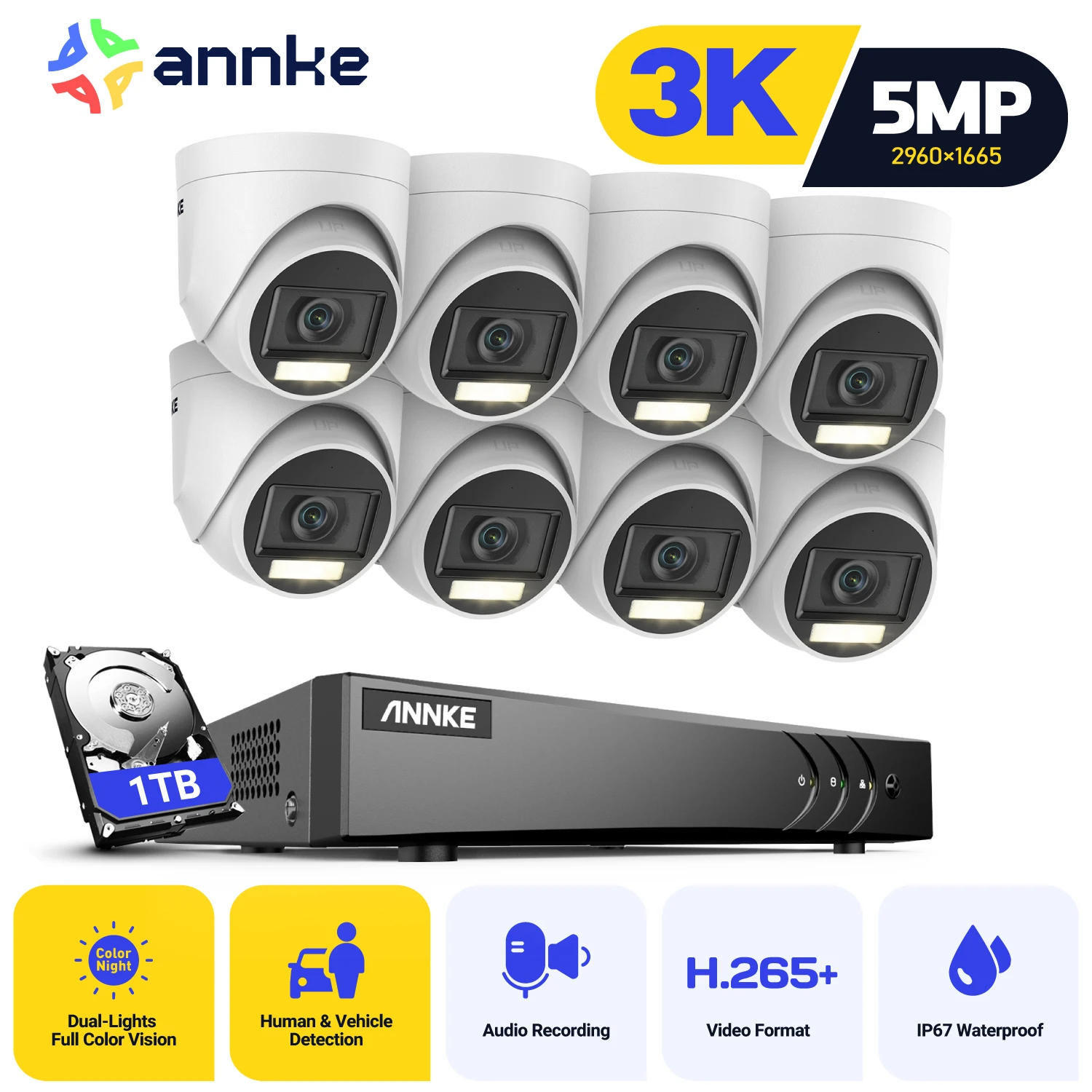 ANNKE 5MP Video Surveillance System 8CH DVR Outdoor Night Vision Email Alert H.265+ Weatherproof CCTV Security Protection Camera