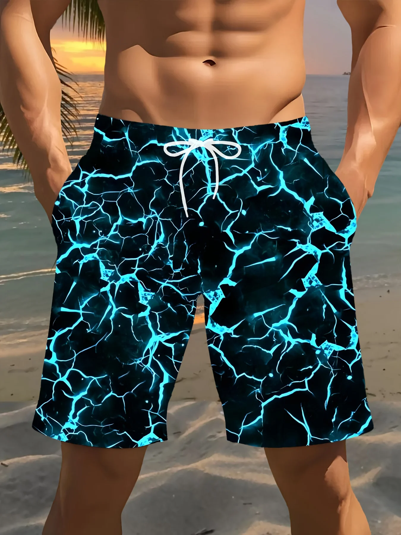 

Men's 3D Line Colored Lightning Printed Swimming Trunks, Quick Drying Beach Pants, Casual and Fashionable Streetwear Swimsuits