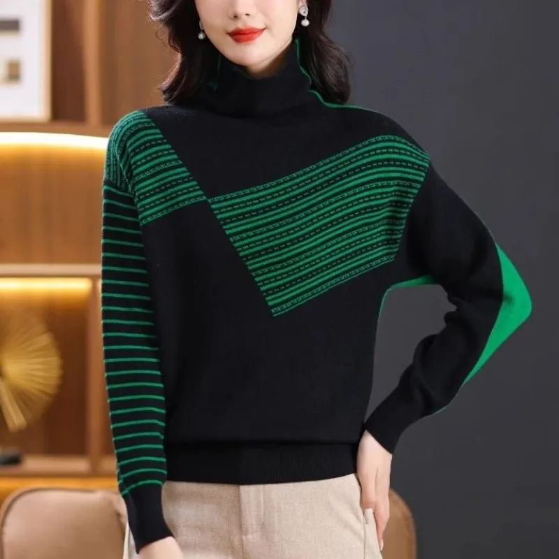 Women\'s High Neck Fashion Commute Sweaters Knitted 2024 Spring Autumn New Loose Spliced Striped Long Sleeve Pullover Bottom Tops