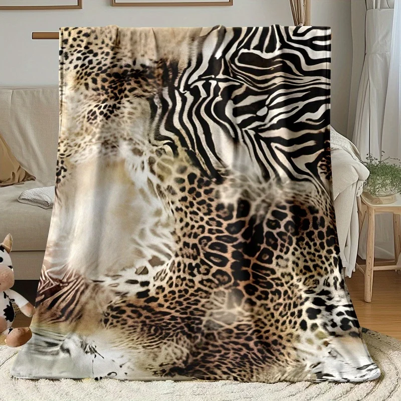 Mixed Leopard Zebra Animal Skin Print Flannel Throw Blanket, Soft Wild Animal Blanket for Sofa Bed Modern Home Decor