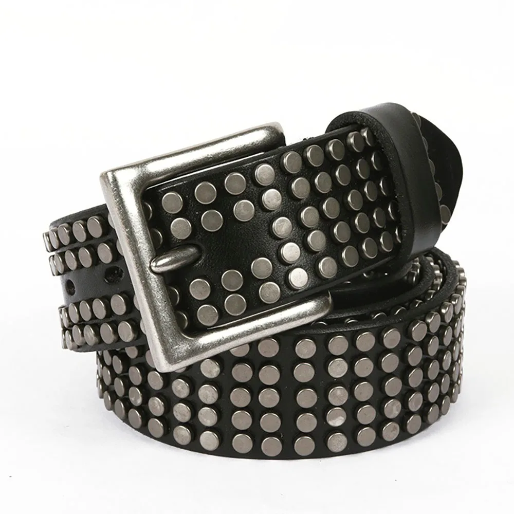 Punk Style Round Rivet Genuine Leather Belt Heavy Duty Neutral Waistband for Men and Women 38mm Width