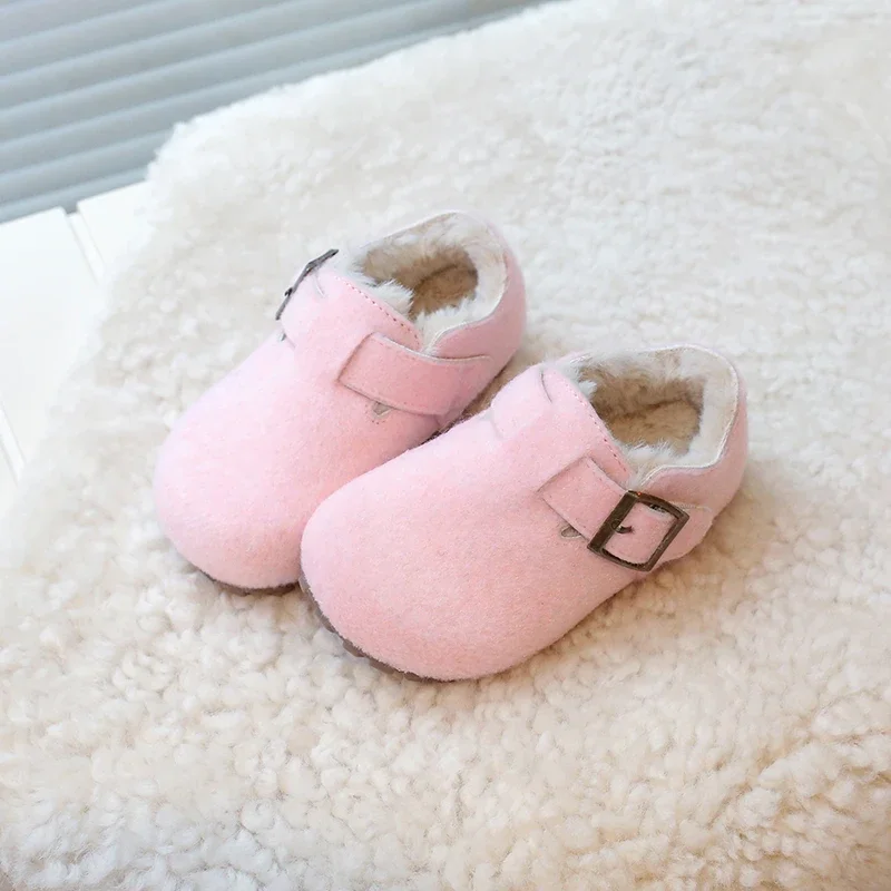 Kids Warm Cotton Shoes Winter New Boys Girls Flat Fur Cover Toe Light Warm Shoes Non Slip Leisure Comfy Soft Sole Plush Slippers