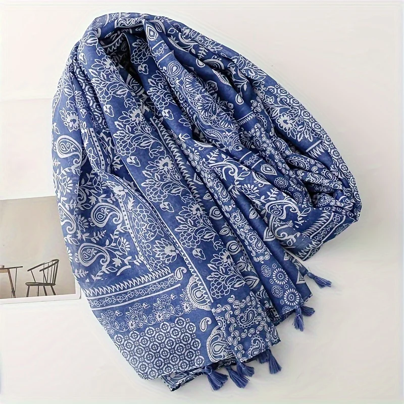 2024 Designer Brand Women Scarf Blue Paisley Print Lady Shawls Cotton Feeling Soft Oversize Hijabs Neck Headband Tassel Foulard